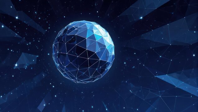 Abstract Blue Geometric Sphere in Space with Stars and Lines.