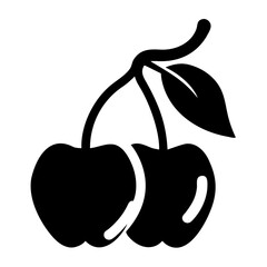 Black and white icon of two cherries on a stem with leaves