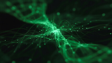Futuristic green digital wave with glowing particle connections in dark background
