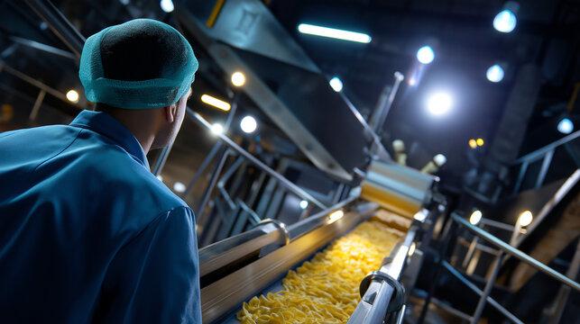 Overhead angle showing faceless technician beside detailed pasta production on steel belt under bright lights, with copy space