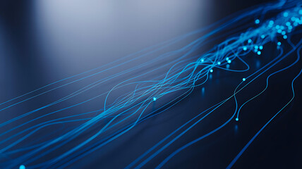 Blue glowing data lines flowing across dark background representing technology and network
