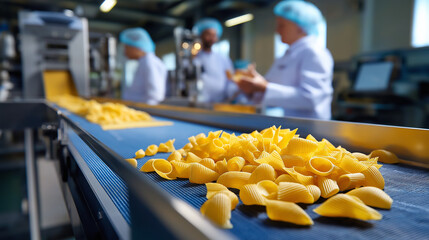 Blurred factory personnel in background with sharp detailed various pasta shapes on sanitized conveyor, with copy space