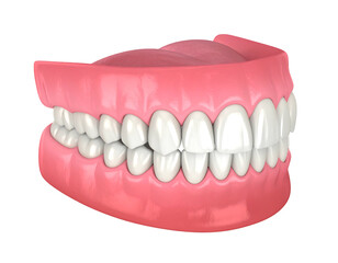 Obraz premium Denture set, pink gums, white teeth on black background, dental prosthesis for edentulous patients