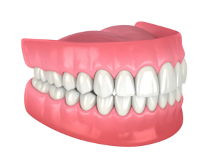Denture set, pink gums, white teeth on black background, dental prosthesis for edentulous patients