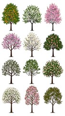Fototapeta premium Assortment of illustrated trees showing variations in foliage and bloom colors