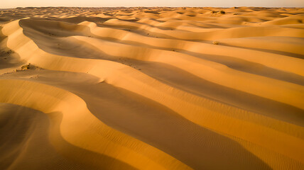 Golden sand dunes landscape in desert under warm sunlight creating natural wave patterns

