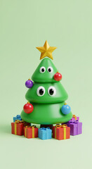 Cute cartoon Christmas tree with gifts and star
