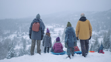 Grandparents and parents watching children sled down a snowy hill, enjoying laughter and family fun in the winter landscape. Enjoyment, playing childres during winter time, outdoors activity.