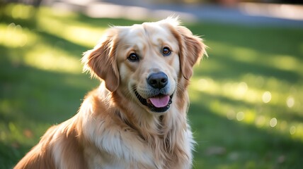Obraz premium A happy golden retriever dog sitting outdoors in the grass on a sunny day