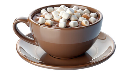 A comforting cup of hot chocolate overflowing with fluffy white marshmallows, presented on a matching saucer, isolated on transparent background