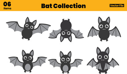 Cute Cartoon Bat Vector Set Featuring Round Black Bodies, Gray Wings, and Playful Halloween Expressions