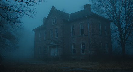 Haunted House in Dense Fog at Night