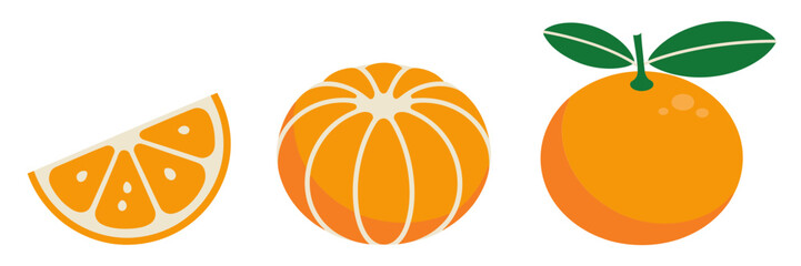 Orange and tangerine icons, peeled segments and wedge, citrus fruit set, juicy vitamin design elements, vector illustration