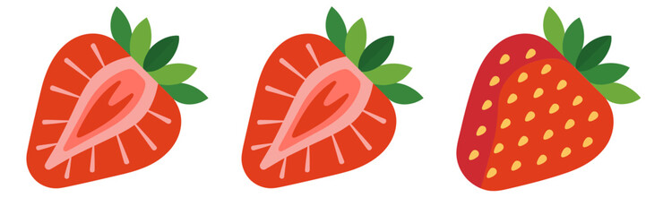 Strawberry trio set, glossy whole berries, seeded slice wedge, garden harvest illustration, smoothie ingredient, sweet dessert vector