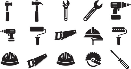 Collection of black construction and diy tool vector icons in a clean silhouette style