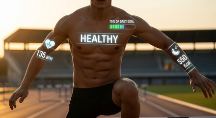 Athletic man with a futuristic augmented reality interface displaying health data and fitness metrics during a workout