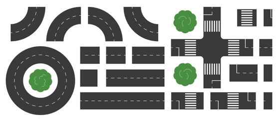 Set of graphic elements for creating road layout or map of urban environment: road with arc markings, straight line, pedestrian crossing, and roundabout. Vector illustration for children's creativity.