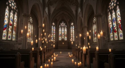 Fototapeta premium Ancient church interior with flying candles illuminating stained glass windows. Mystical ambiance for fantasy literature design. Magical, mystic scene.