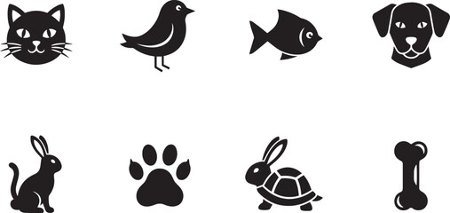 Collection of common pet animal icons and symbols in a simple black silhouette style