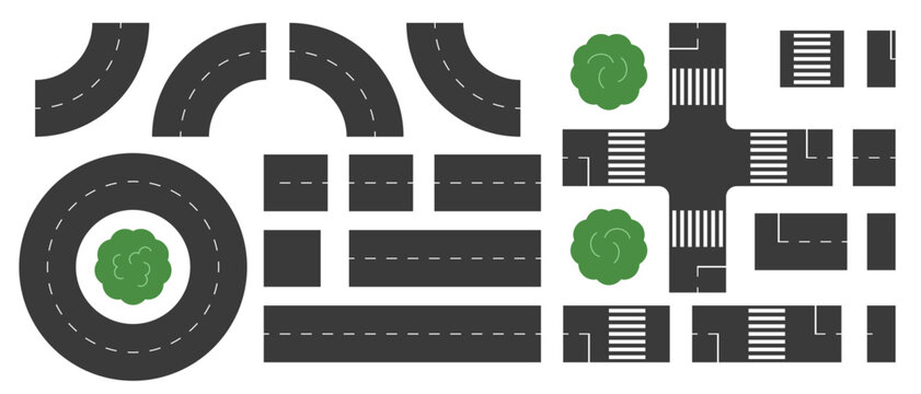 Set of graphic elements for creating road layout or map of urban environment: road with arc markings, straight line, pedestrian crossing, and roundabout. Vector illustration for children's creativity.