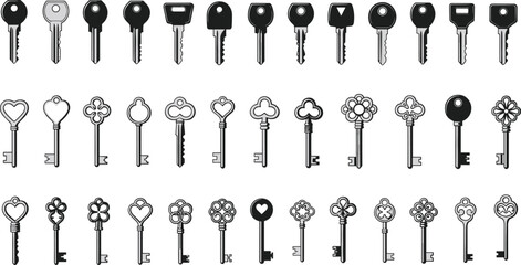 Modern and Vintage Key Silhouette Collection Featuring Functional Lock Designs and Ornate Antique Styles in Three-Row Decorative Layout