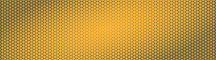Triangular grid halftone pattern angular elliptical structure ultra wide 32:9 aspect ratio vector yellow black abstract background. Half tone texture ultrawide format retro futuristic eye-catching bg