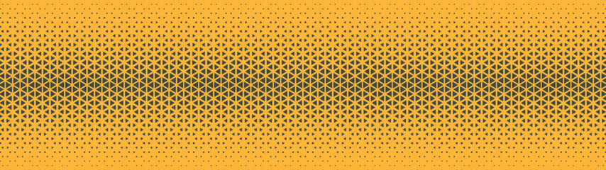 Triangular grid halftone pattern straight horizontal border ultra wide 32:9 aspect ratio vector yellow black abstract background. Half tone texture panoramic format retro styled futuristic abstraction