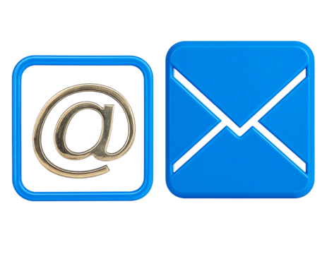 Digital icons depict '@' and an envelope in blue, set against black background, suggestive of online communication
