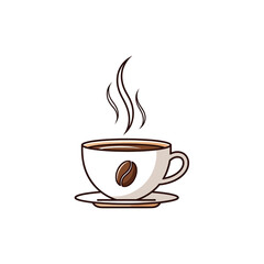 Obraz premium A steaming cup of coffee with a coffee bean logo on the side, on a saucer.