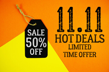 11.11 Hot Deals and Sale 50% off with Price tag on orange and yellow background