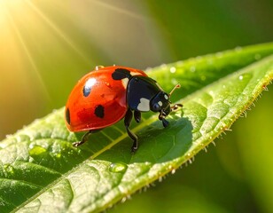 Fototapeta premium A close-up shot of a ladybug on a green leaf with bright sunlight
