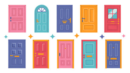 Collection of colorful doors with various designs and styles, flat illustration