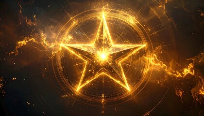 Glowing golden pentagram framed by circular elements, celestial background