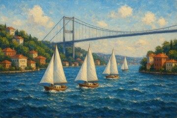 Naklejka premium Sailboats glide across shimmering water beneath a bridge.