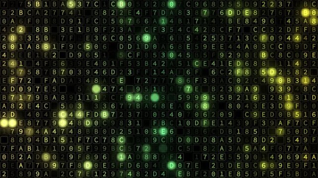 Abstract hex code background animation with glowing hexadecimal digits, perfect for tech, coding, cybersecurity, AI, and digital data visuals, seamless looping animation