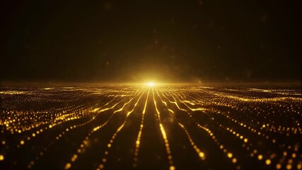 Golden waves of light particles flow across a dark background with a bright , Abstract waves of glowing gold elegance. Dynamic textures and ethereal light enhance luxury design. - Powered by Adobe