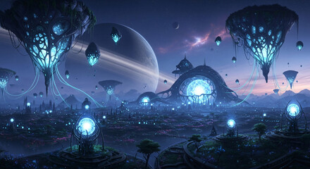 Futuristic Alien Cityscape with Glowing Structures and Ringed Planet in Sky