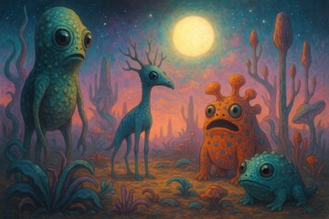 Colorful alien creatures under glowing moonlight.