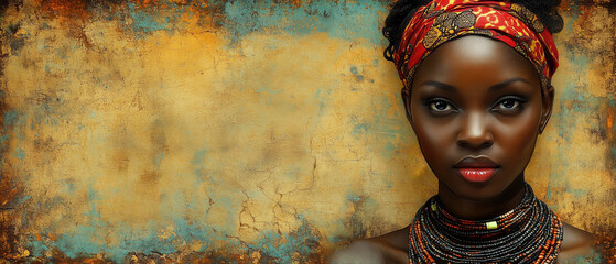 An elegant woman with a bright necklace on an abstract background.