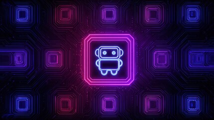 Neon Robot Icon in Square Frame on Glowing Circuit Board Backdrop Displays a Futuristic Design and Technology Concept