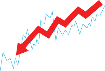 Red Downward Arrow Vector with Line Graph Showing Business Decline, Market Loss, and Financial Crisis