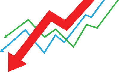 Red Declining Arrow Vector with Blue and Green Lines for Business Loss and Market Downtrend Concept