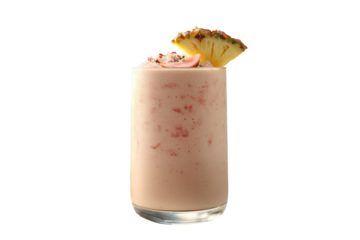 A glass of tropical smoothie with a slice of pineapple and paper umbrella, set on soft sand with the ocean and islands far away in the background.