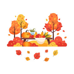 Autumnal picnic scene featuring a table laden with pumpkins, apples, and other seasonal produce, surrounded by colorful foliage.