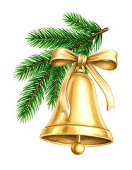 Golden bell tied with a bow resting on a pine branch