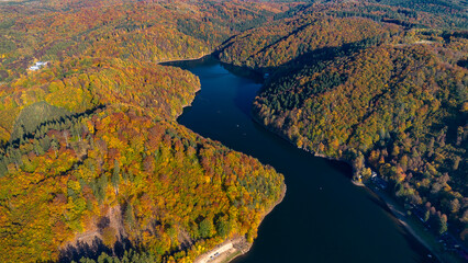 Aerial view of Bystrzyckie Lake in Zag&oacute;rze Śląskie, Poland during autumn.
