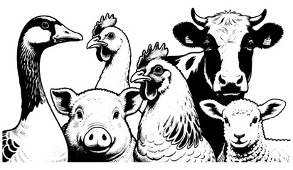 Vintage engraving illustration of farm animals — goose, chicken, pig, cow and sheep. Black and white retro artwork with detailed rural aesthetic.