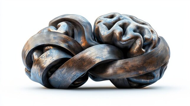 A tangled sculpture resembling a brain, symbolizing complexity and interconnected thoughts.