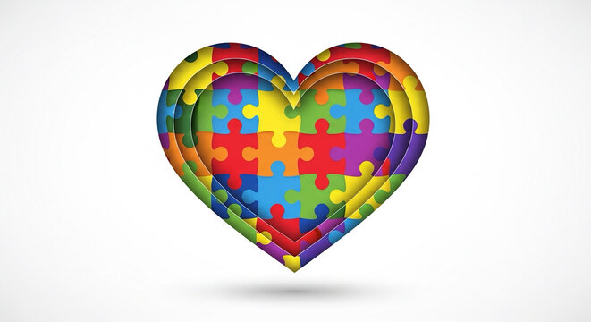 paper cut layered heart made of colorful puzzle pieces — unity and love concept, white background