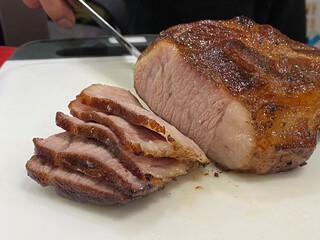 Homemade Japanese Chashu Pork Roast Freshly Sliced with Knife